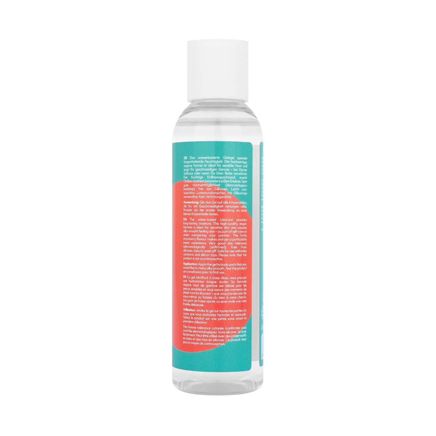 Dos d'un flacon transparent avec bouchon blanc. Inscription: AMORELIE care. Cercle rouge.
