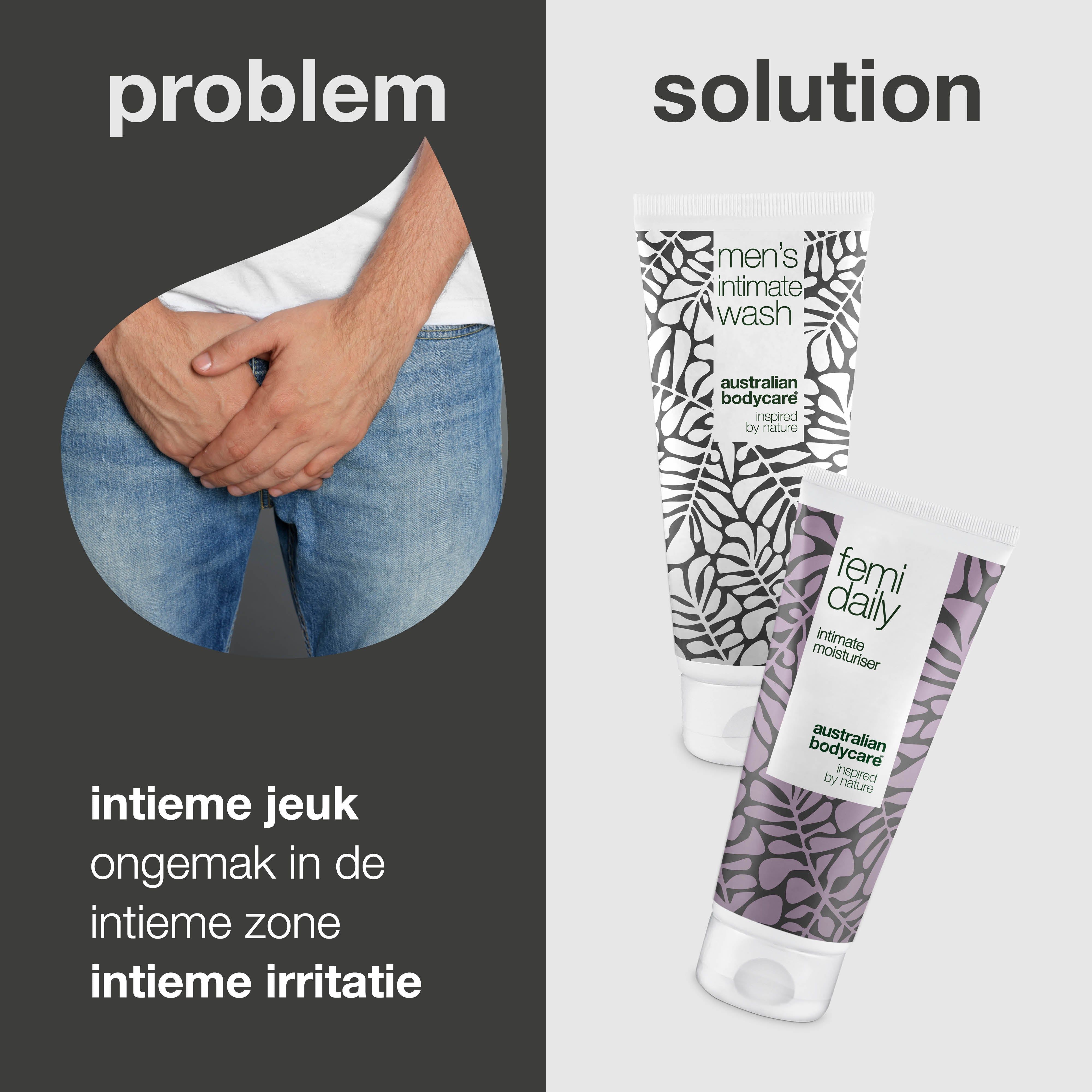 Twee tubes: "men's intimate wash" en "femi daily". Tekst: "intieme jeuk, ongemak in de intieme zone, intieme irritatie".