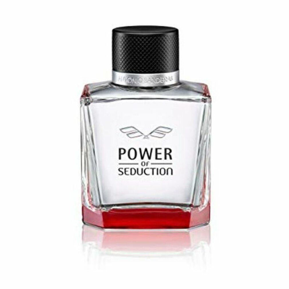 Frontansicht eines Glasflakons mit schwarzem Deckel und rotem Sockel, "Power of Seduction" Schriftzug.