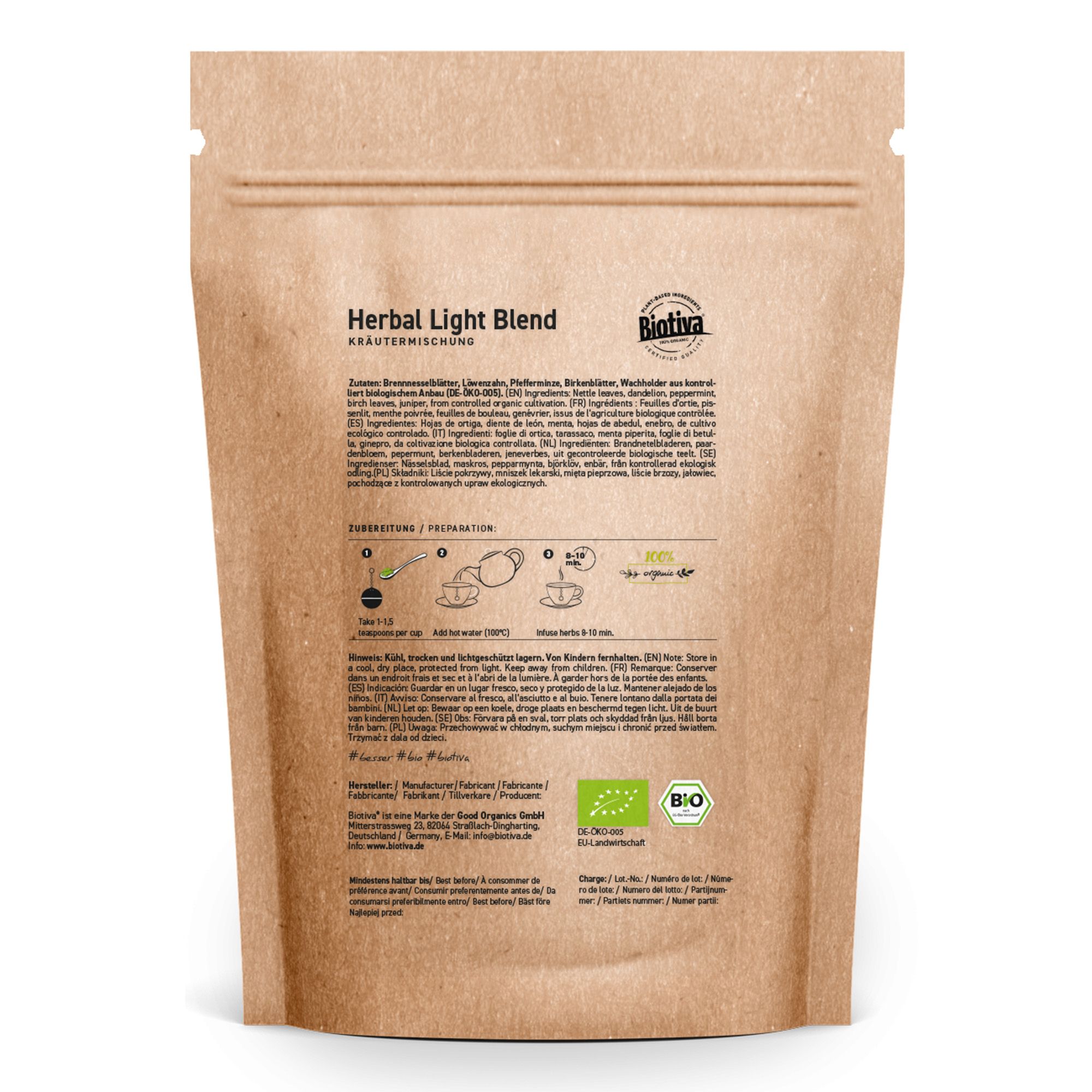 Braune Papierverpackung mit Text und Logo. Aufschrift: Herbal Light Blend. Bio-Siegel.