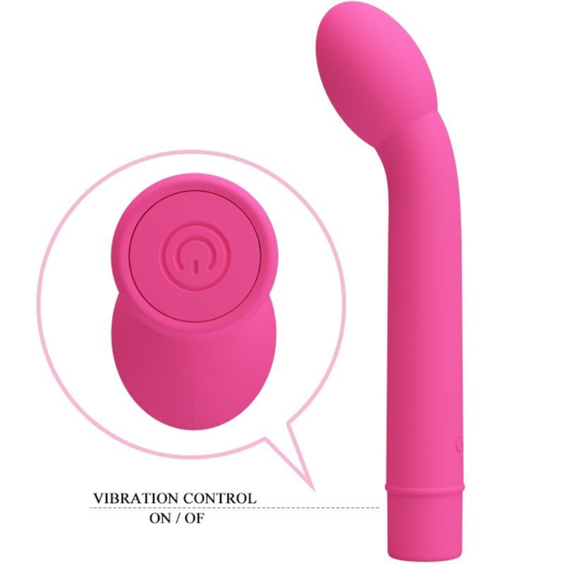 Rosa Vibrator mit gebogenem Schaft und ovalem Kopf. Abbildung der Fernbedienung mit Ein/Aus-Symbol.