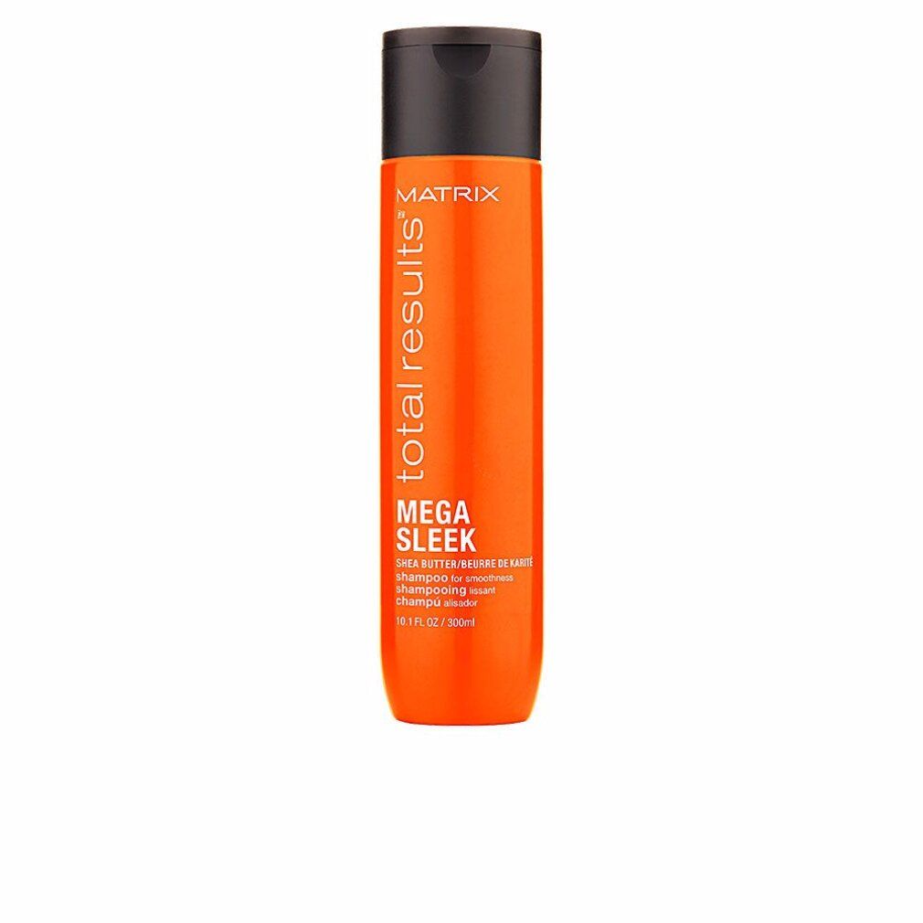Orangefarbene Shampoo-Flasche mit schwarzem Deckel. Aufschrift: Matrix Total Results Mega Sleek.