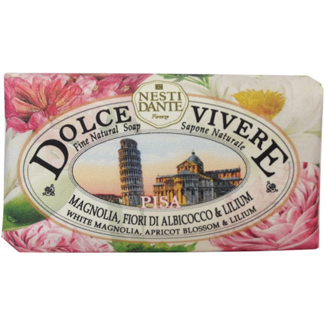 Sapone Dolce Vivere con design floreale e testo. Illustrazione della Torre di Pisa. Testo: Magnolia, Fiori di Albicocco & Lilium.