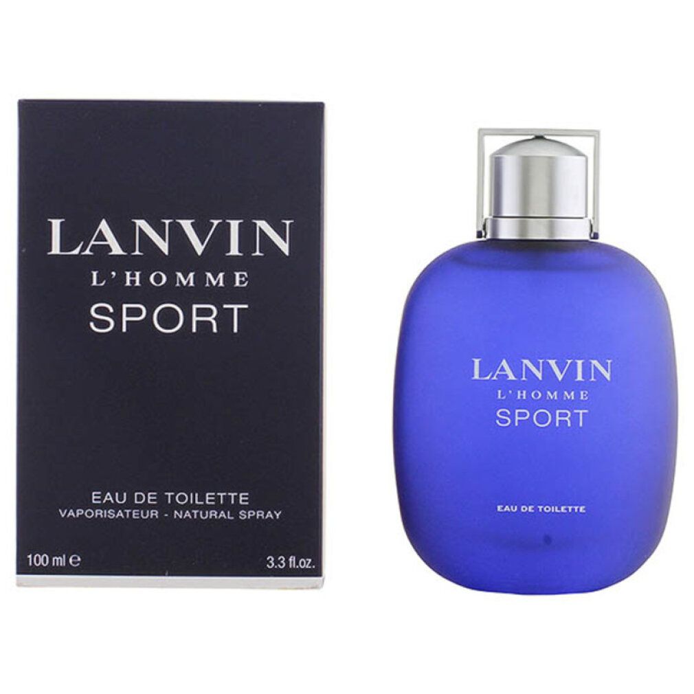 Blauer Flakon und Schachtel. Aufschrift: LANVIN L'HOMME SPORT. Eau de Toilette. 100 ml.