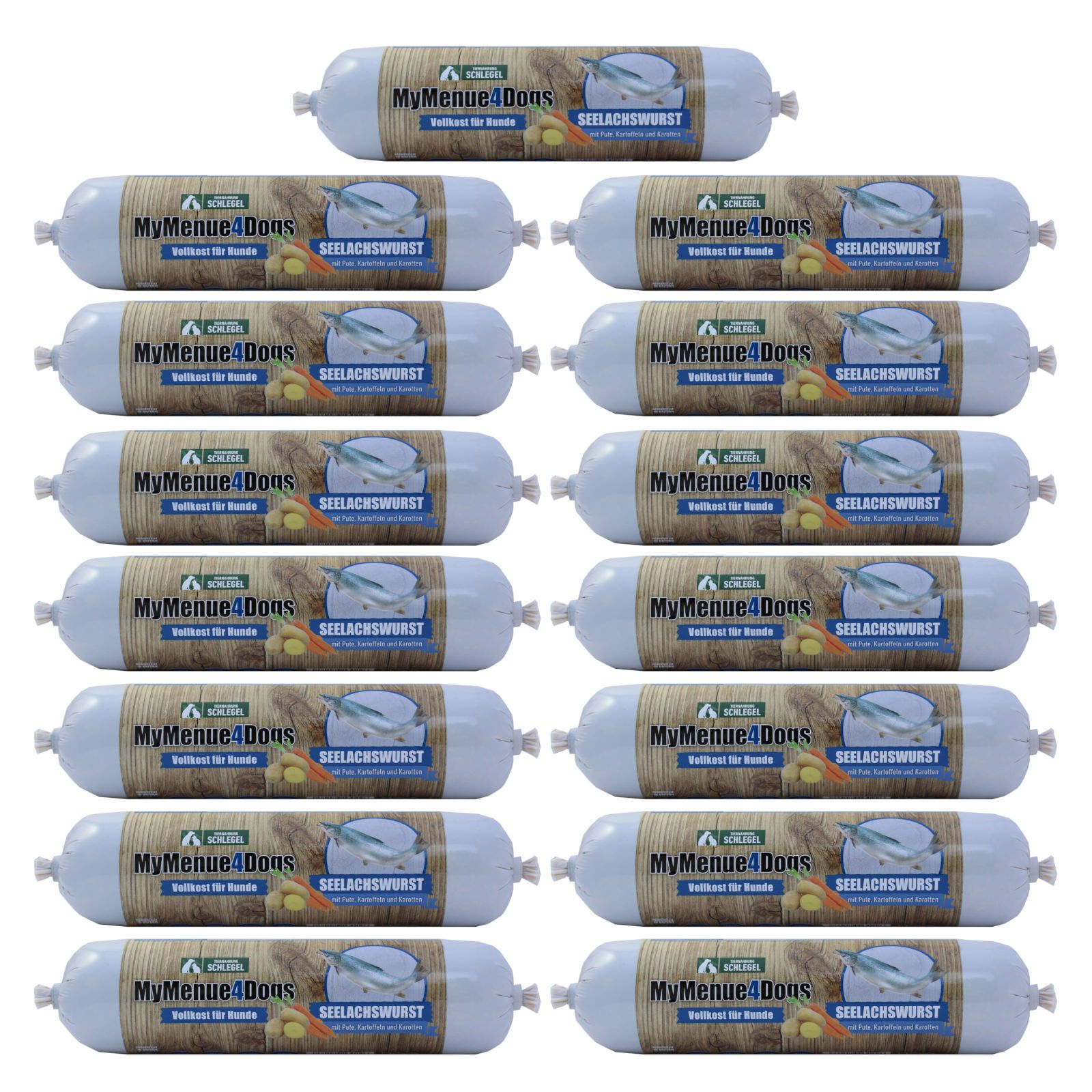 Mehrere Würste für Hunde. Zylindrische Form, hellblaue Verpackung. Aufdruck mit Produktname, Fisch, Gemüse.