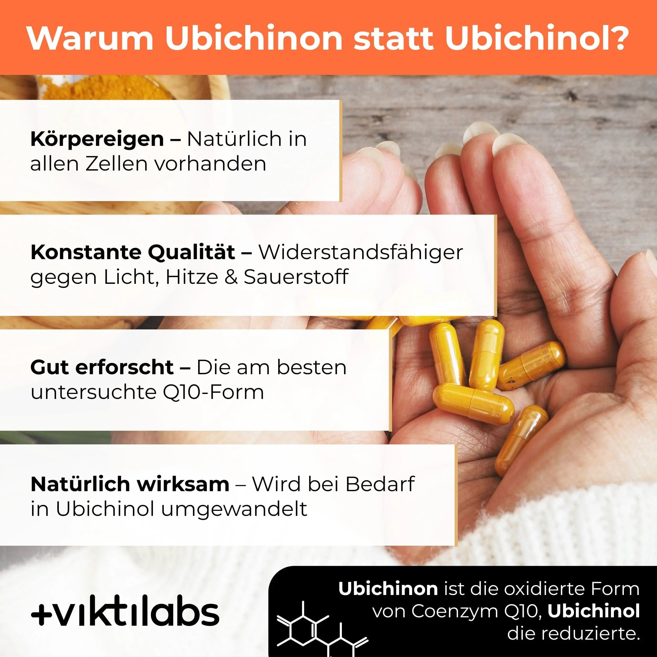 Hände halten Viktilabs Coenzym Q10 Kapseln, mit Text über Ubichinon.