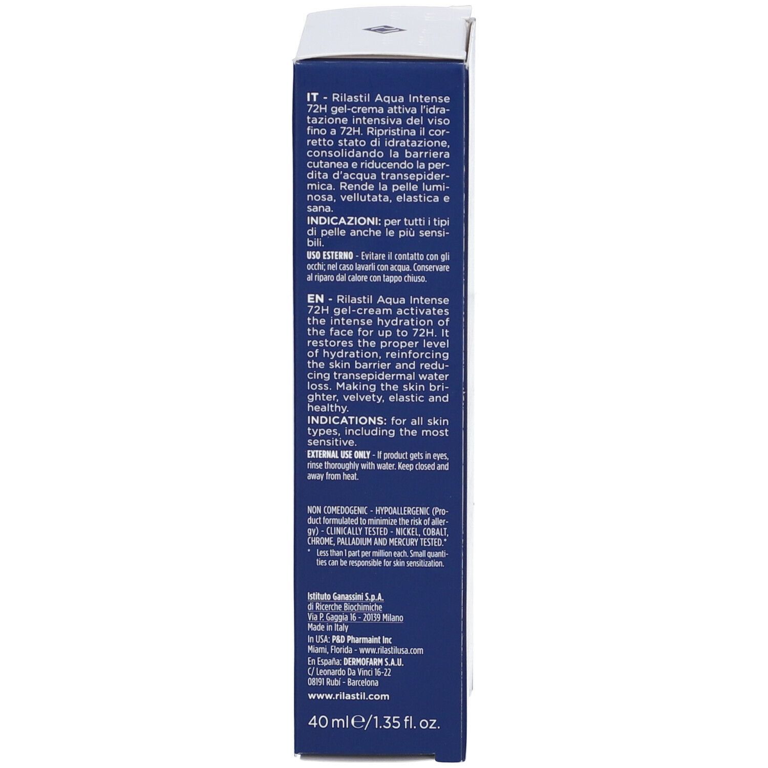 Rilastil Aqua Intense 72H Gel-Creme Verpackung mit Produktinformationen.