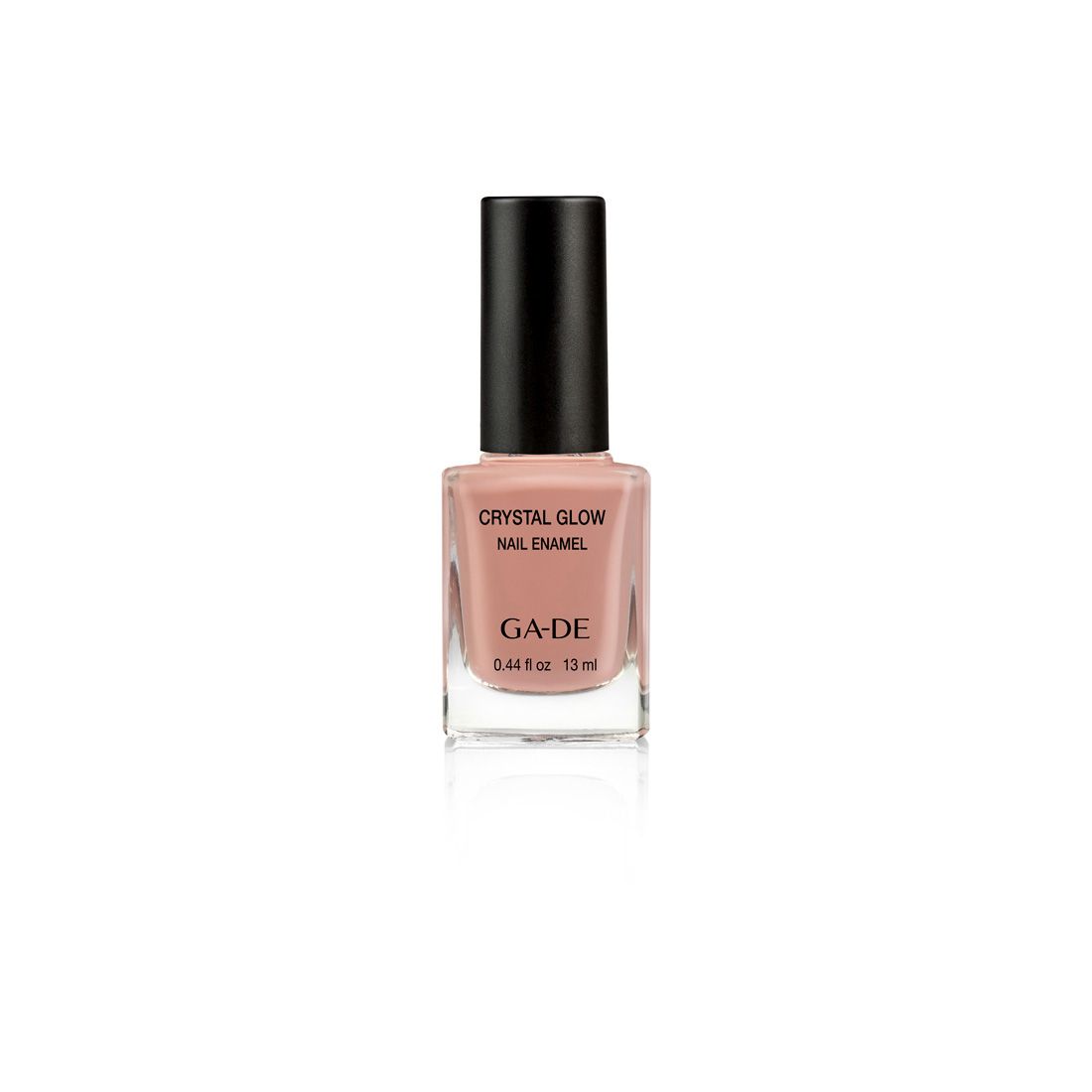 Ga-De Crystal Glow Nagellack. Flasche mit rosa Nagellack, schwarzem Deckel. Aufschrift: Crystal Glow, Nail Enamel, GA-DE, 0.44 fl oz, 13 ml.