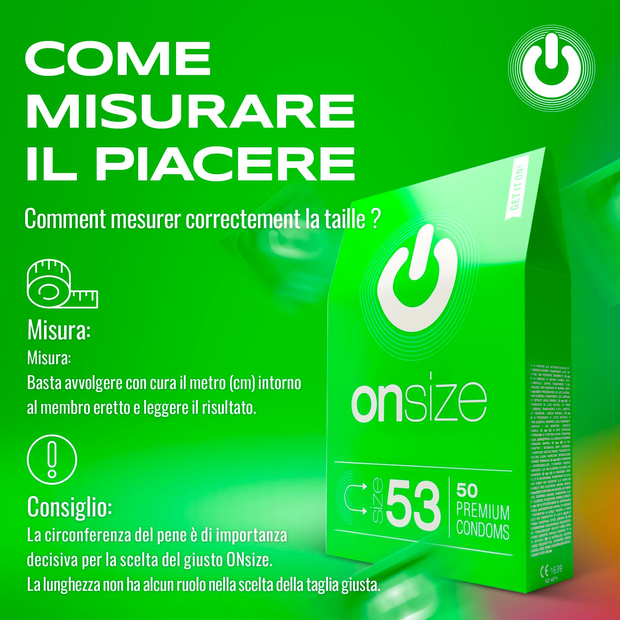 Grüne ONsize 53mm Kondompackung mit Anleitung zur Mitgliederumfangmessung.