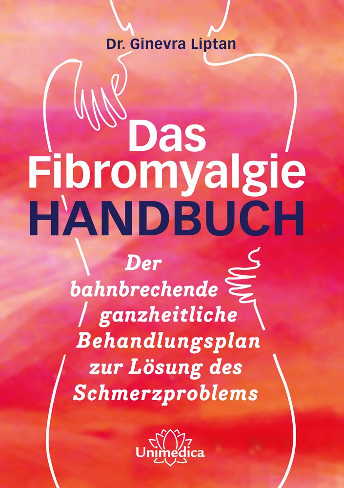 Buchcover: "Das Fibromyalgie-Handbuch". Titel in Großbuchstaben. Autorin: Dr. Ginevra Liptan. Auf rotem Hintergrund, weiße Illustration.
