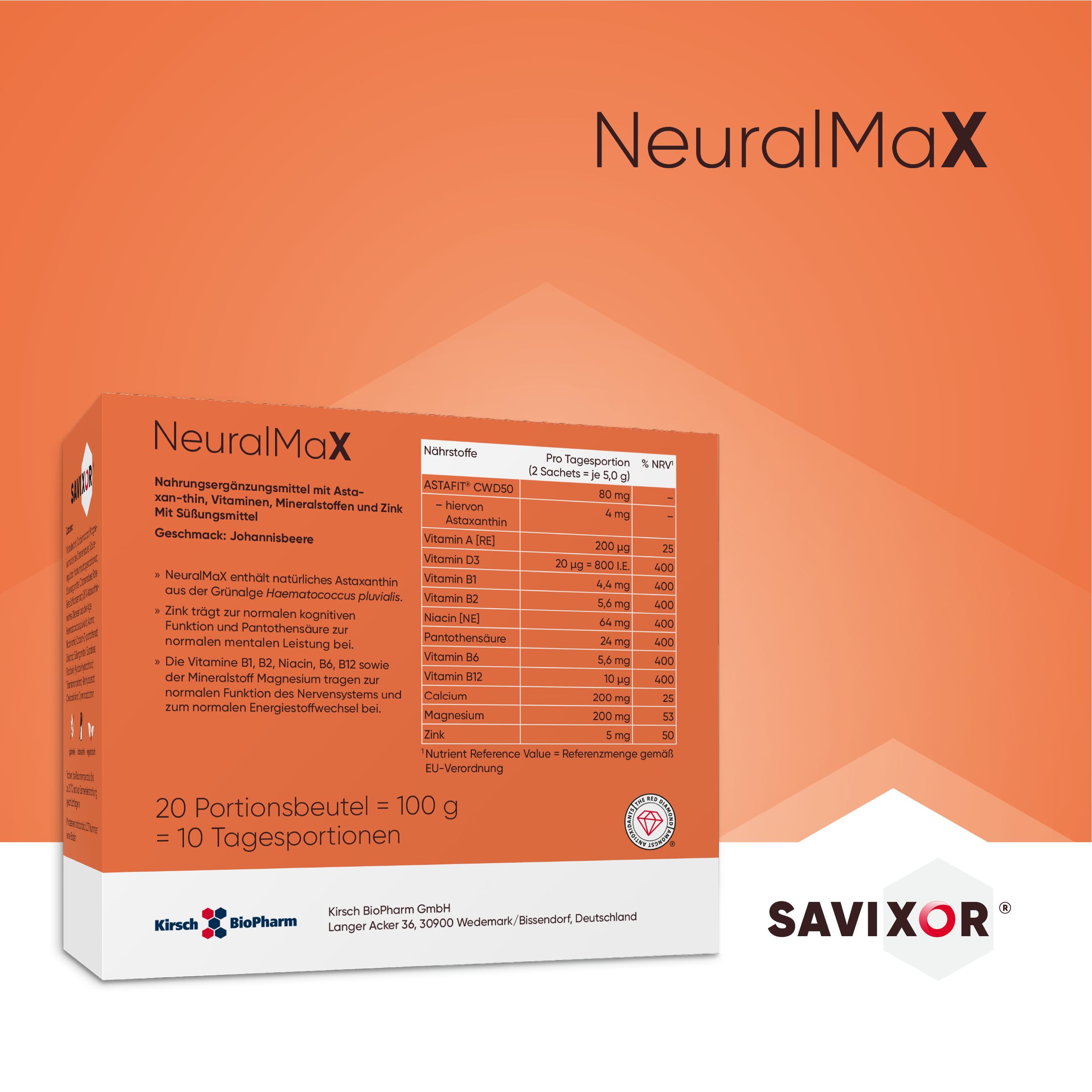 Orangefarbene Schachtel mit Produktinformationen. Enthält Nährwertangaben und das Logo von Savixor. Mit 20 Portionsbeuteln.