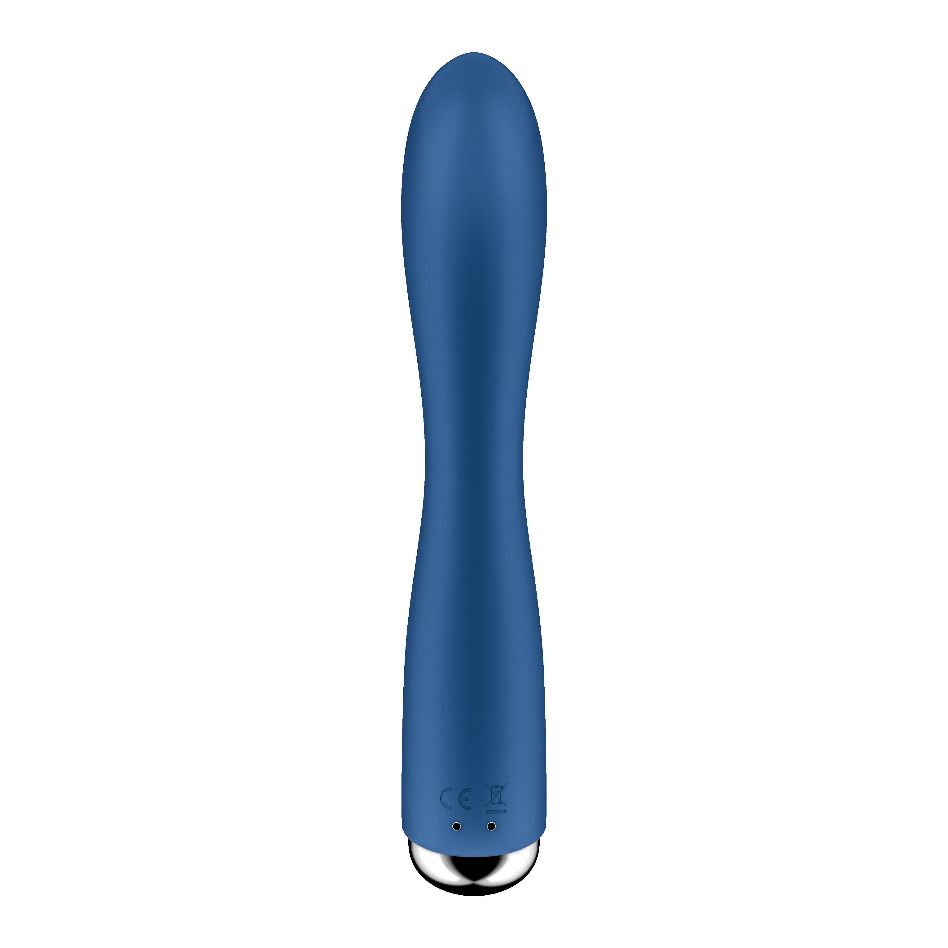 Blauer Vibrator. Silberfarbener Sockel. Form mit gebogenem Element.