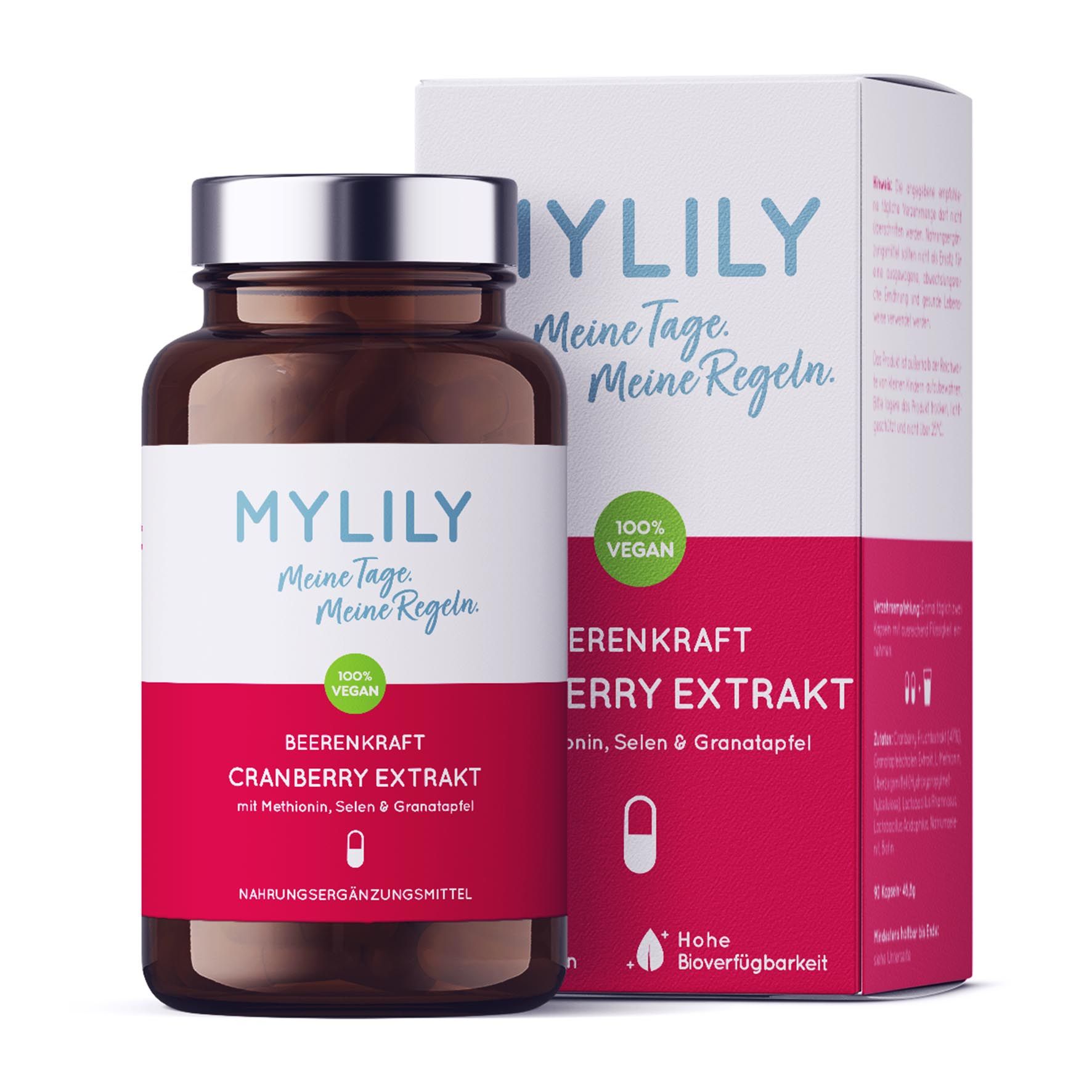 Braune Glasflasche mit Kapseln und Verpackung. Aufschrift MYLILY Beerenkraft, Cranberry Extrakt, 100% Vegan. Rote und weiße Etiketten.