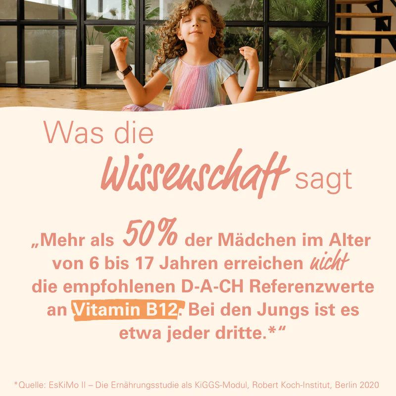 Text: Mehr als 50% der Mädchen im Alter von 6 bis 17 Jahren erreichen nicht die empfohlenen D-A-CH Referenzwerte an Vitamin B12.