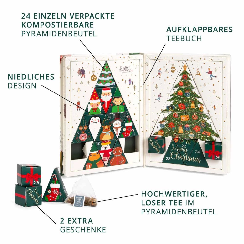 Adventskalender geöffnet mit Teebeuteln und Geschenkboxen. Weihnachtsbaum-Design. Logo: English Tea Shop. Aufschrift: Merry Christmas. Text: 24 einzeln verpackte Pyramidenbeutel.