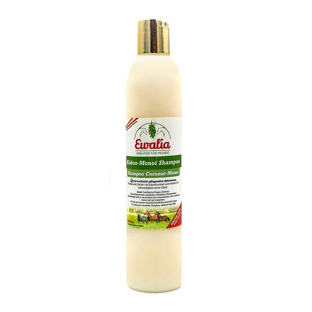 Beige Shampoo-Flasche mit goldfarbenem Deckel. Etikett mit "Ewalia" und "Kokos-Monoi Shampoo für Pferde".