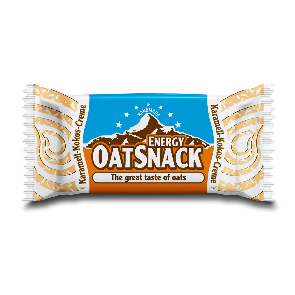 Verpackte OATSNACK-Riegel. Blaue und braune Verpackung mit Text: "ENERGY OATSNACK The great taste of oats".