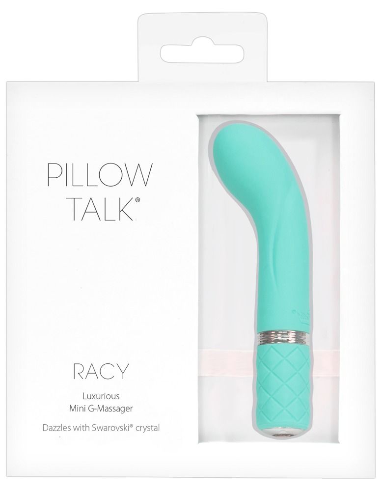 Verpackung mit einem türkisfarbenen Vibrator. Aufschrift: Pillow Talk, Racy, Mini G-Massager.