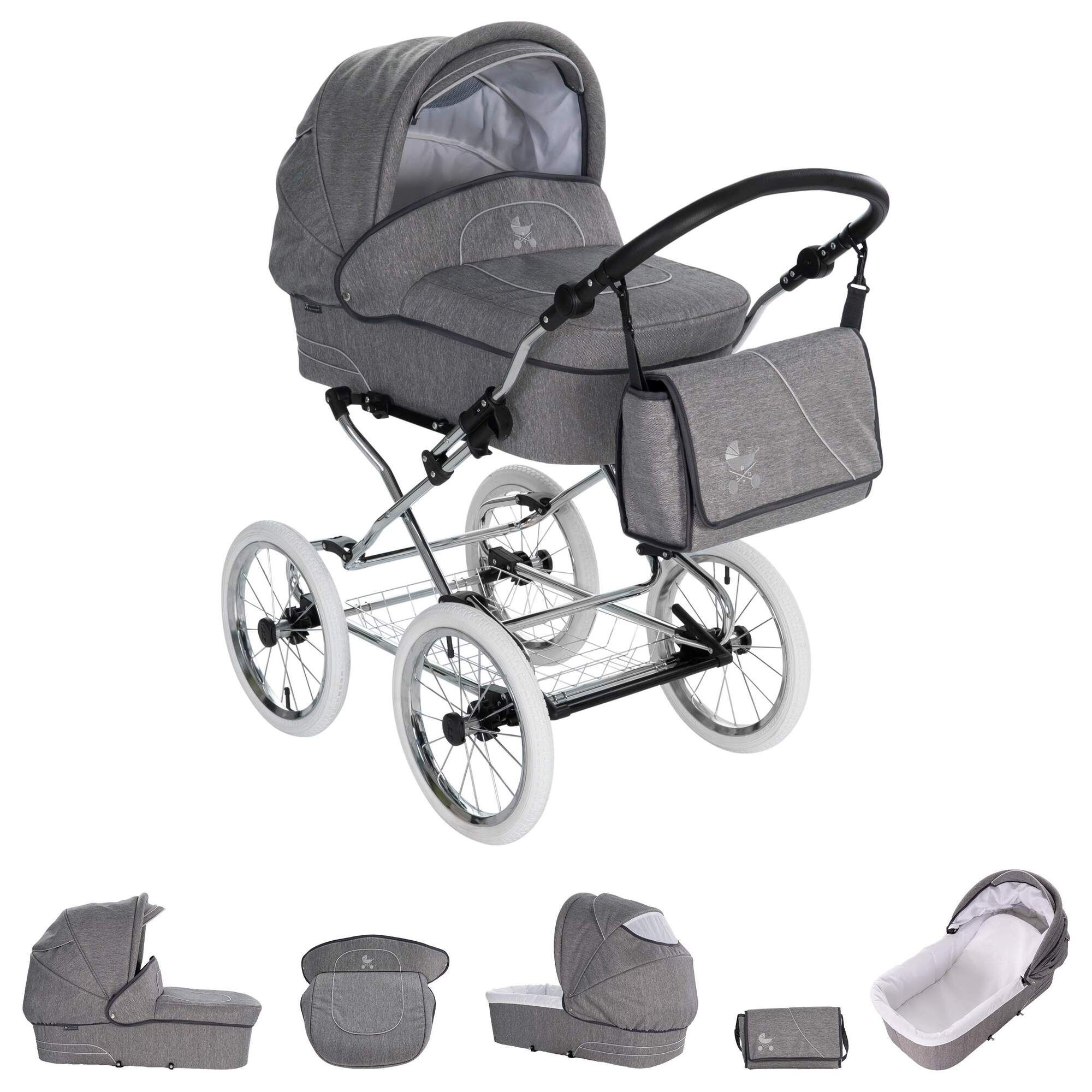 Friedrich Hugo München 3 in 1 Kinderwagen Set Nostalgie Kinderwagen, Anthrazit Chrom Weiß