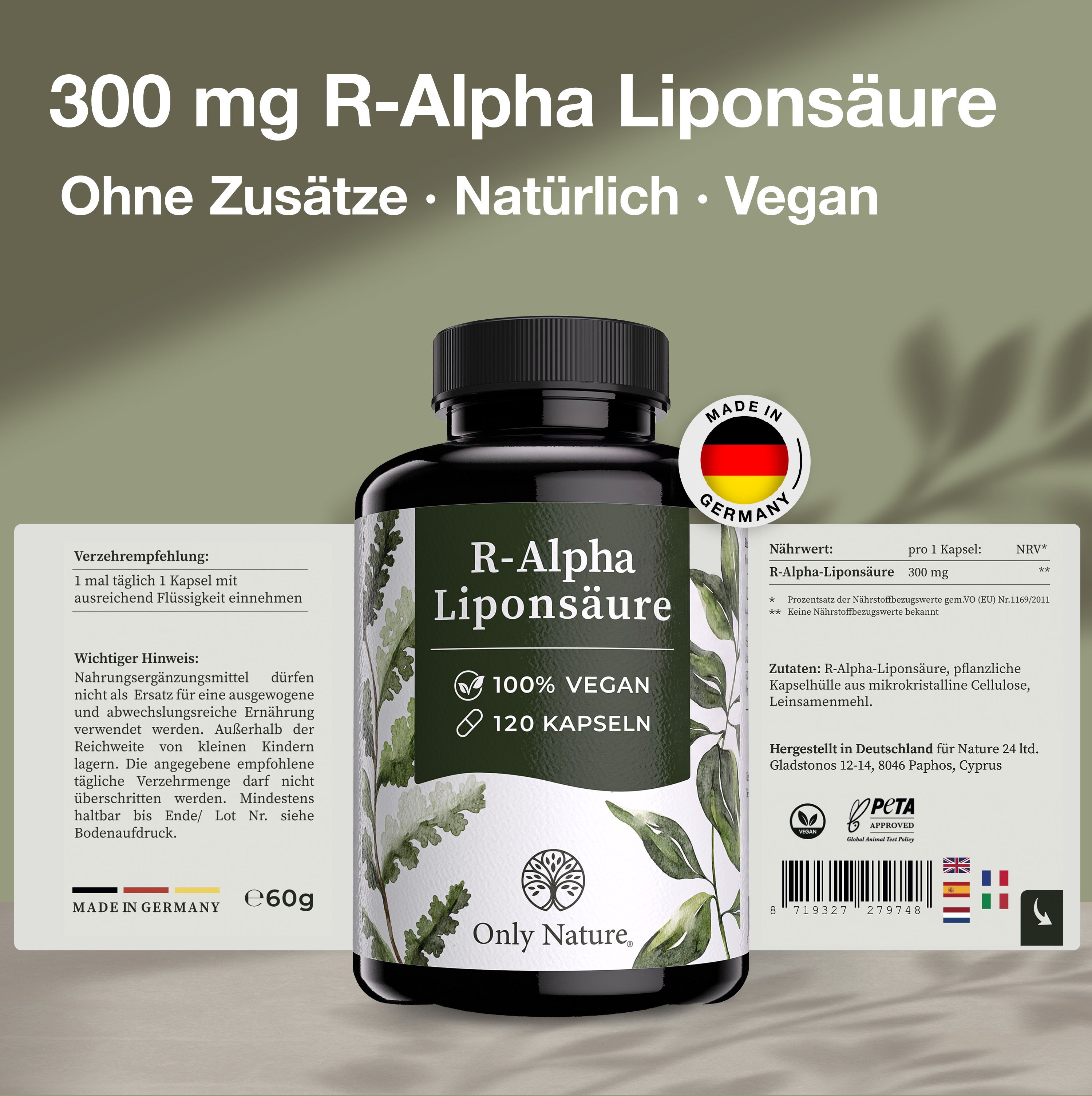Flasche R-Alpha-Liponsäure 300 mg, 120 Kapseln. Made in Germany, vegan, ohne Zusätze.