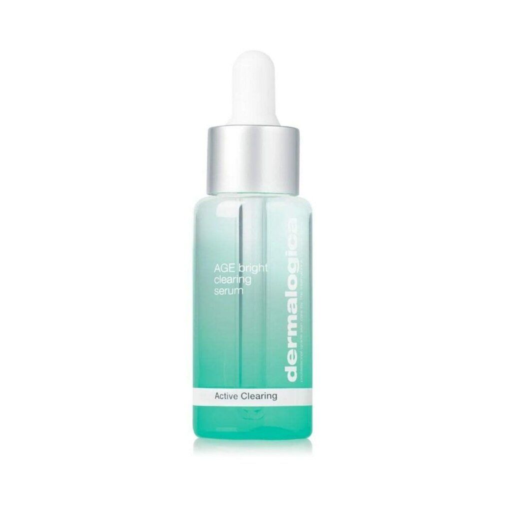 Klarflasche mit Pipette. Aufschrift: AGE bright clearing serum, Active Clearing, Dermalogica.