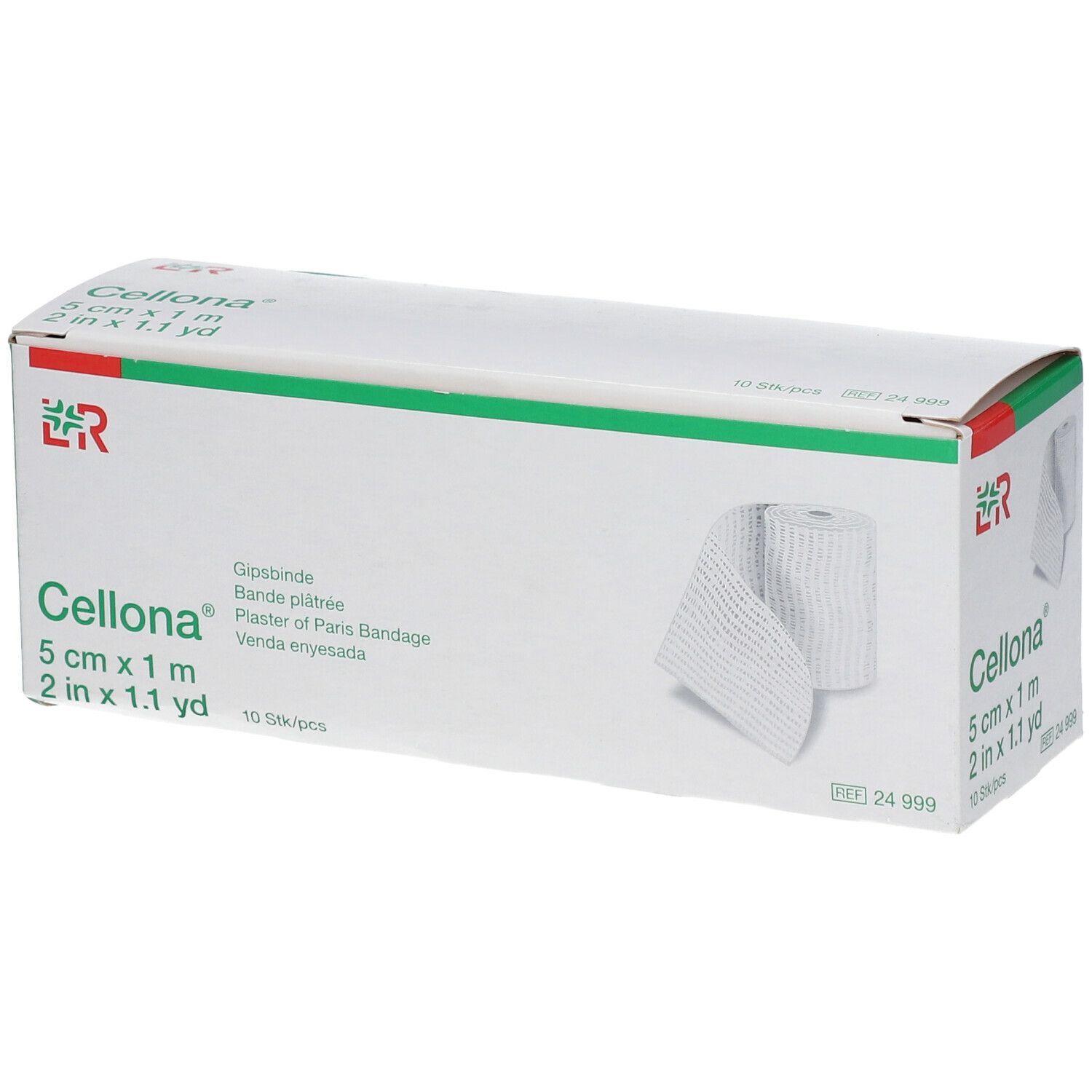Cellona Gipsbinde-Verpackung. Weiß-grüne Schachtel mit Produktinformationen und gerolltem Verband. 5 cm x 1 m.