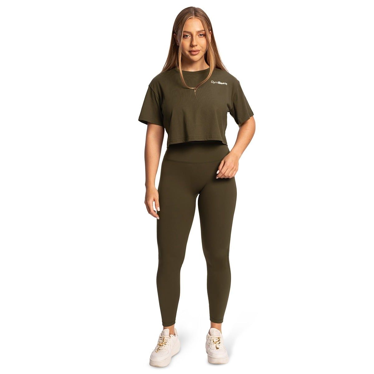 GymBeam T-Shirt Damen cropped locker Kurzarm mit rundem Ausschnitt Espresso