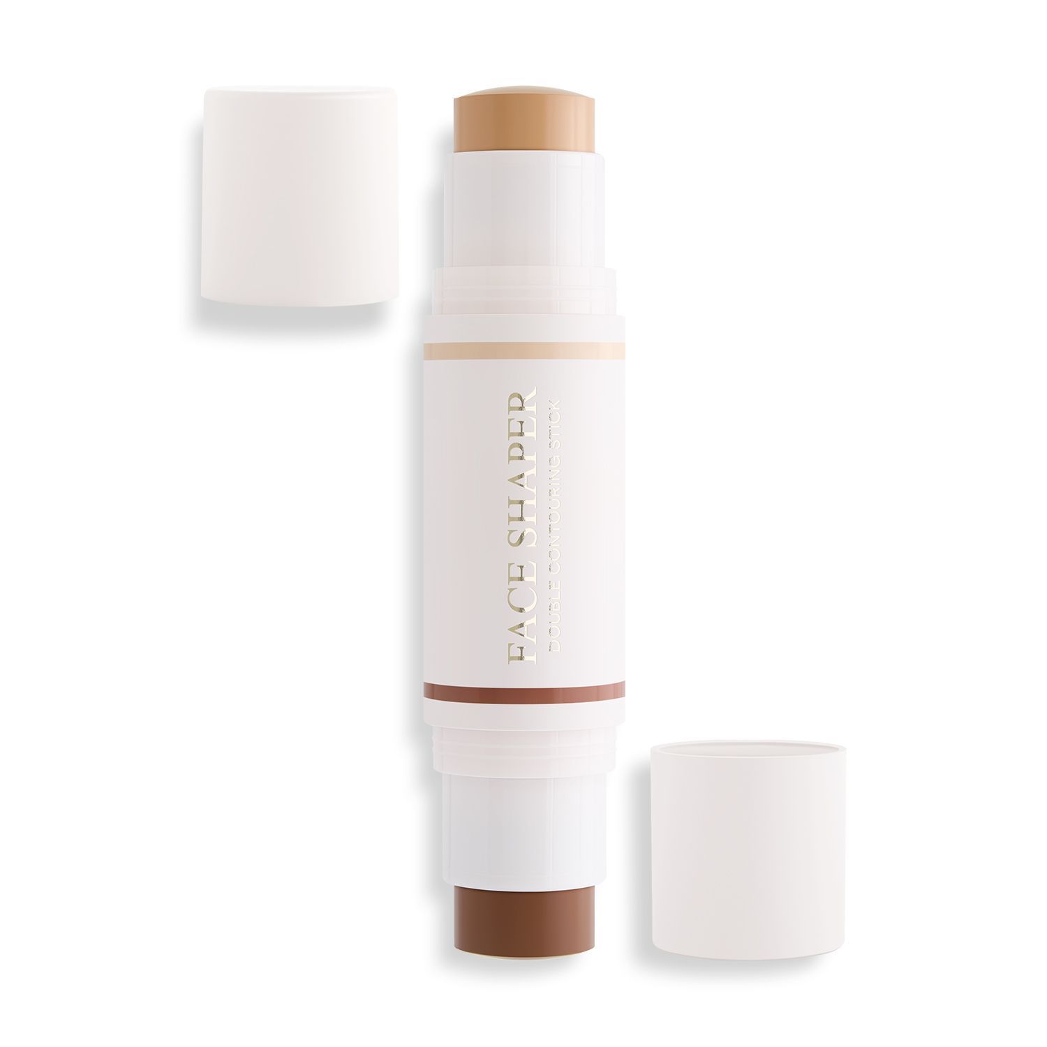WYCON Cosmetics Face Shaper Double Contouring Stick 02 Medium con cappucci aperti. Il bastoncino bianco cilindrico mostra tonalità marrone chiaro e scuro. I cappucci sono accanto.