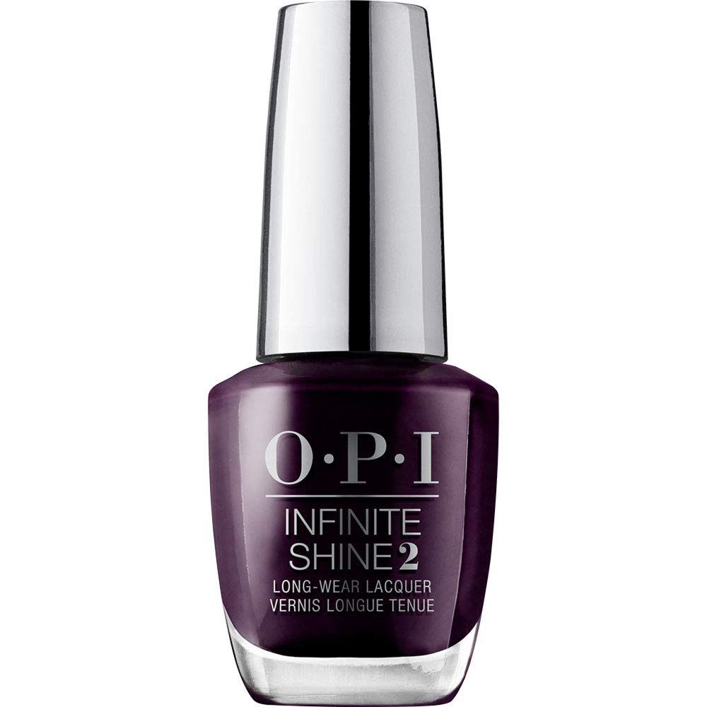 OPI Infinite Shine 2 Nagellackflasche, dunkelvioletter Lack, silberner Deckel.