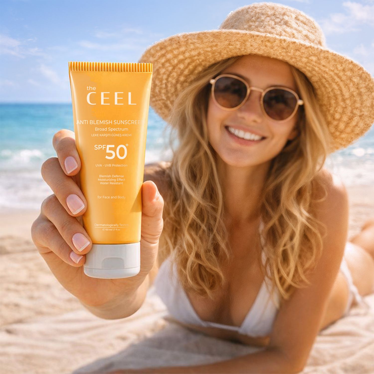 Orangefarbene Tube mit "The CEEL Anti Blemish Sunscreen SPF 50" Aufschrift.