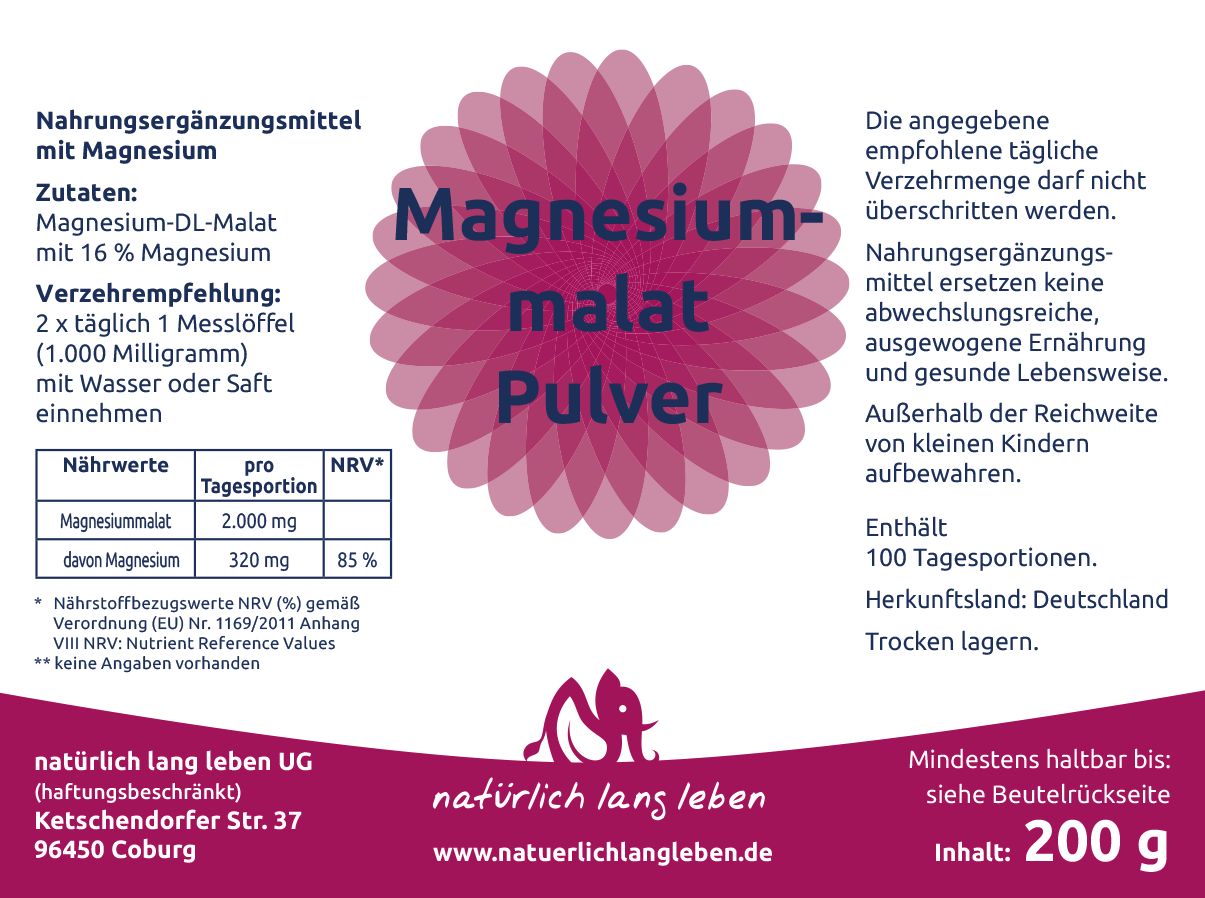 Etikett mit Produktinformationen zu Magnesiummalat Pulver. Enthält Nährwertangaben.