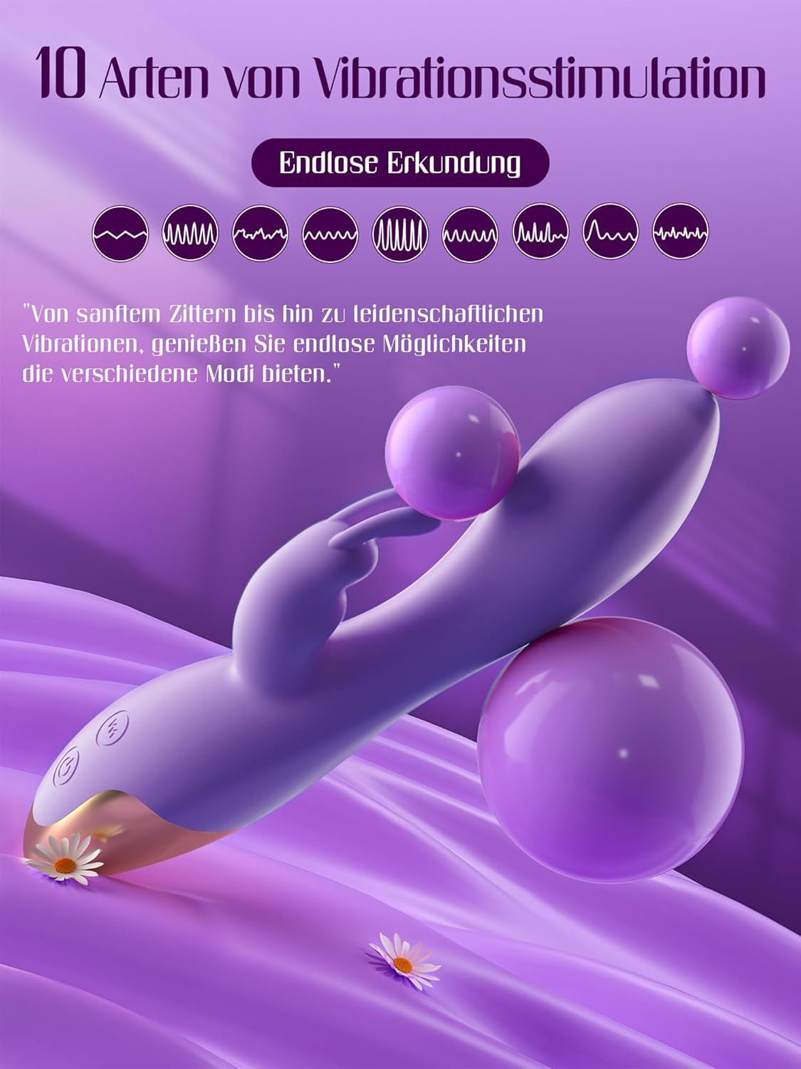 Lila Vibrator mit 10 Vibrationsmodi, dargestellt mit lila Kugeln und Stoff.