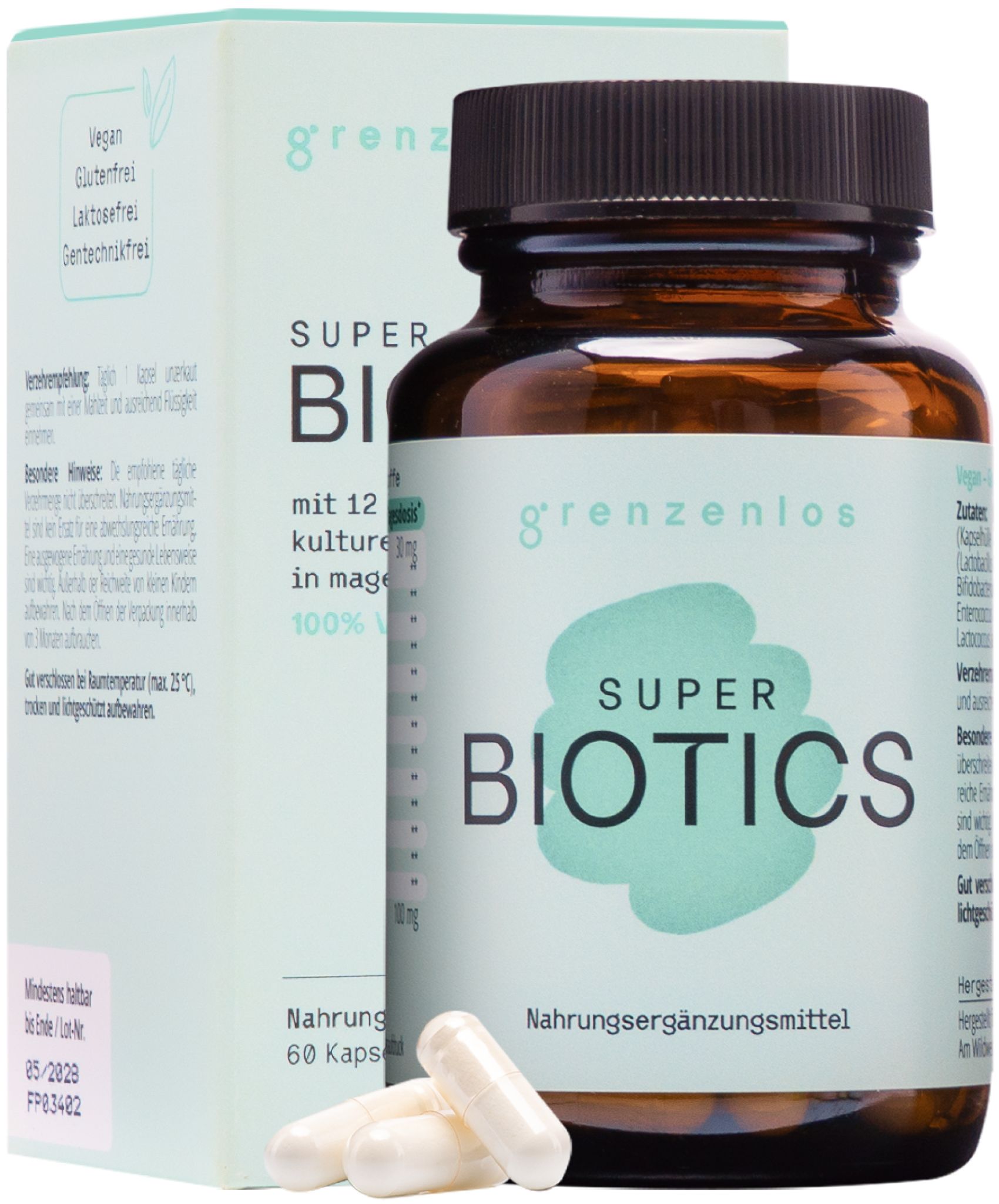 Flasche und geöffnete Faltschachtel grenzenlos SUPER BIOTICS. Drei Kapseln liegen daneben. Hinweise auf '12 Kulturen', 'magensaftresistent', '100% vegan'.