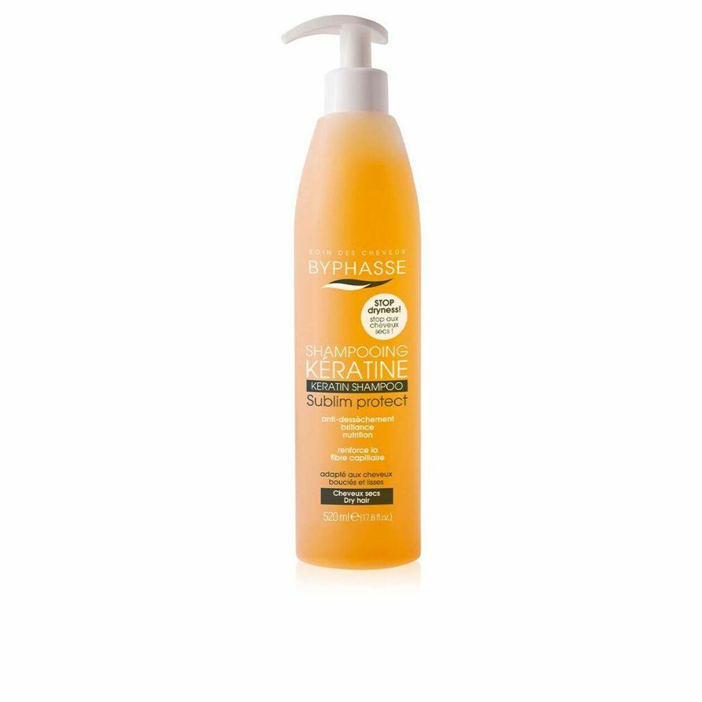 Gelbe Shampoo-Flasche mit Pumpe. Aufschrift: Byphasse, Keratin Shampoo, Sublim protect. Für trockenes Haar.