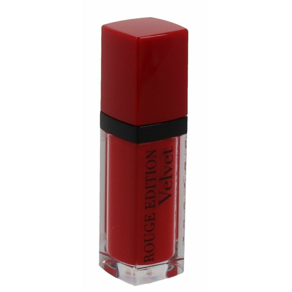 Roter Lippenstift mit roter Kappe. Aufschrift: Rouge Edition Velvet. Eckige Form.