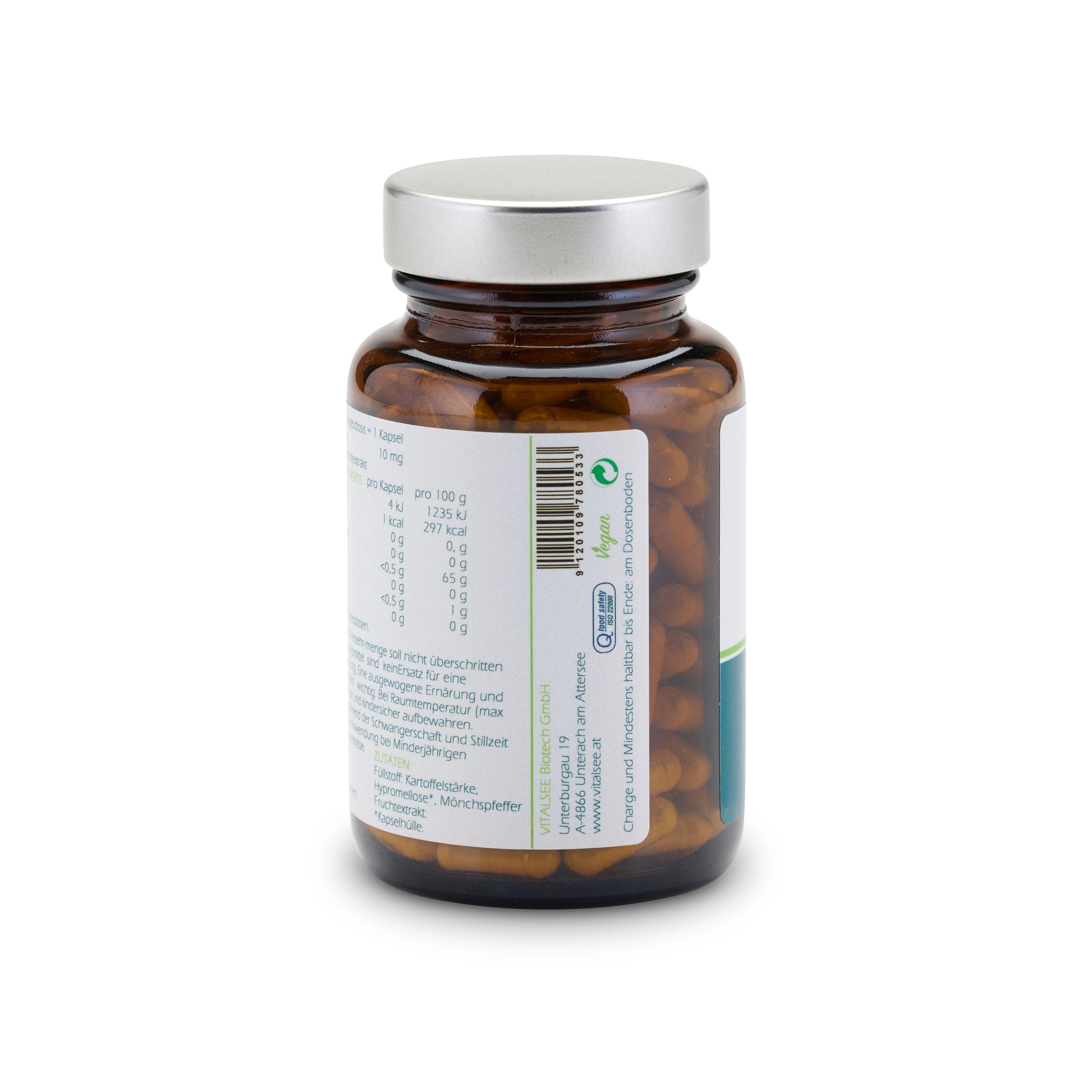 Braune Glasflasche mit silbernem Deckel. Enthält Informationen zu Nährwerten und Inhaltsstoffen. Vegan-Siegel.