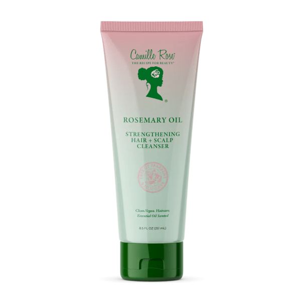 Tube mit Rosmarinöl-Haar- und Kopfhautreiniger. Rosa-grüner Farbverlauf, grüner Deckel. Text: Camille Rose, Rosemary Oil, Vegan.