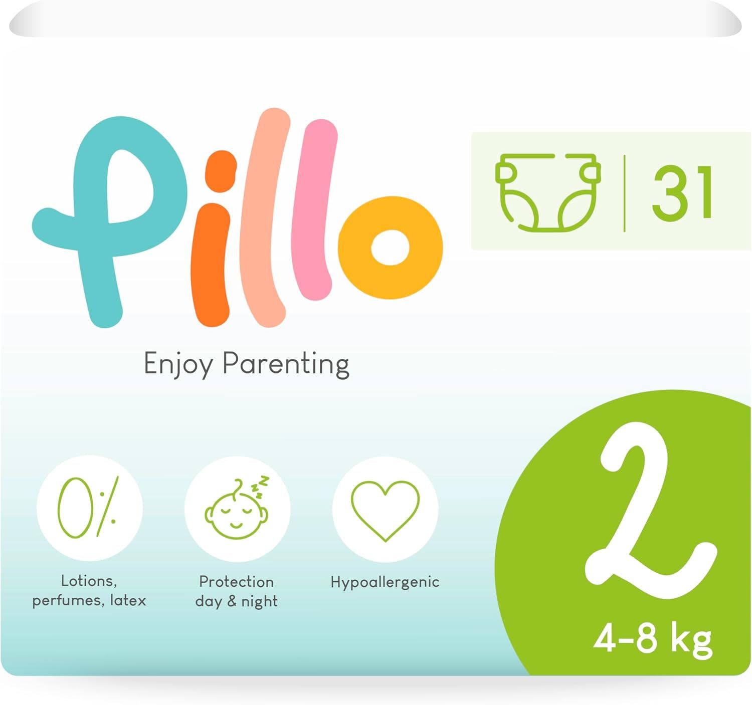 Verpackung Pillo Windeln, Größe 2, 4-8 kg. Logo, Text: Enjoy Parenting, 0%, hypoallergen, Tag & Nacht Schutz.
