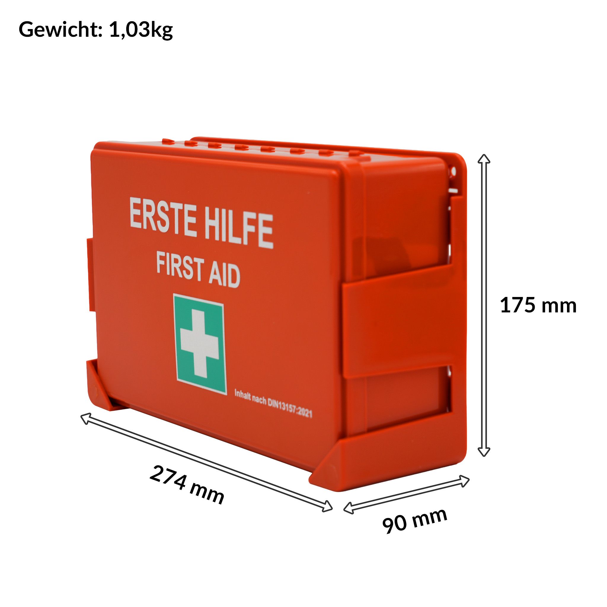 Roter Erste-Hilfe-Koffer, 274x175x90mm. Gewicht: 1,03 kg. Aufschrift: Erste Hilfe/First Aid. Grünes Kreuz.