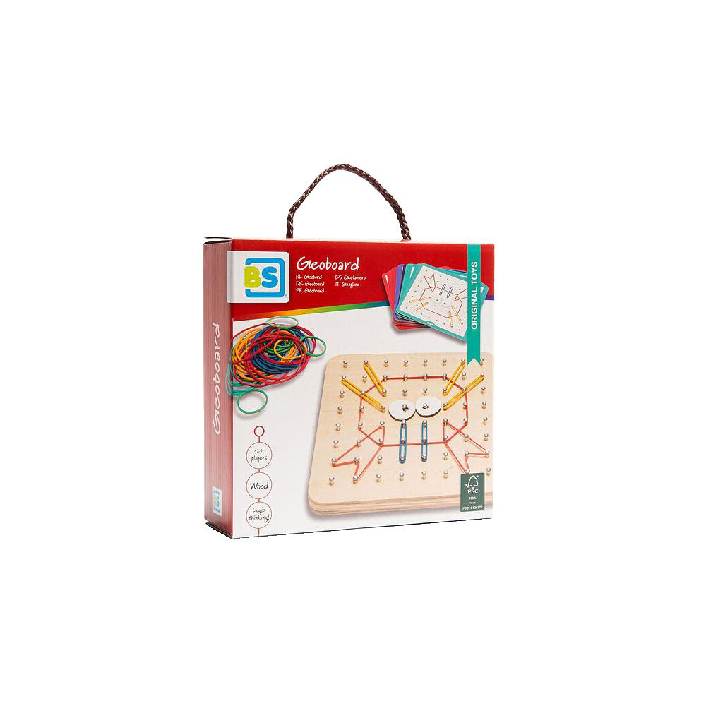 Geoboard-Spiel in Verpackung. Holzbrett mit Stiften, Gummibändern und Karten. FSC-Zertifizierung.
