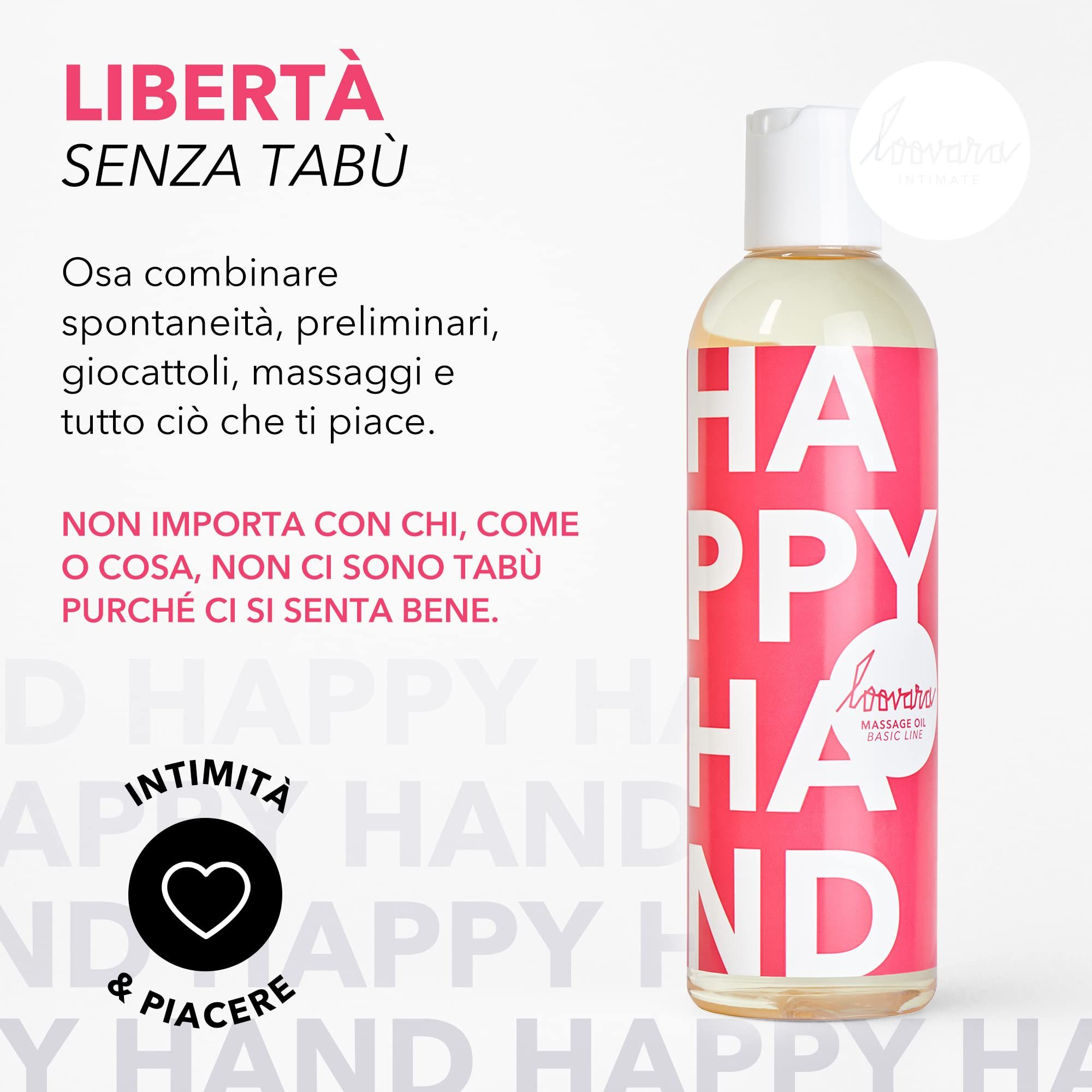 Loovara Happy Hand Massageöl Flasche mit Aufdruck 'HAPPY HAND'.