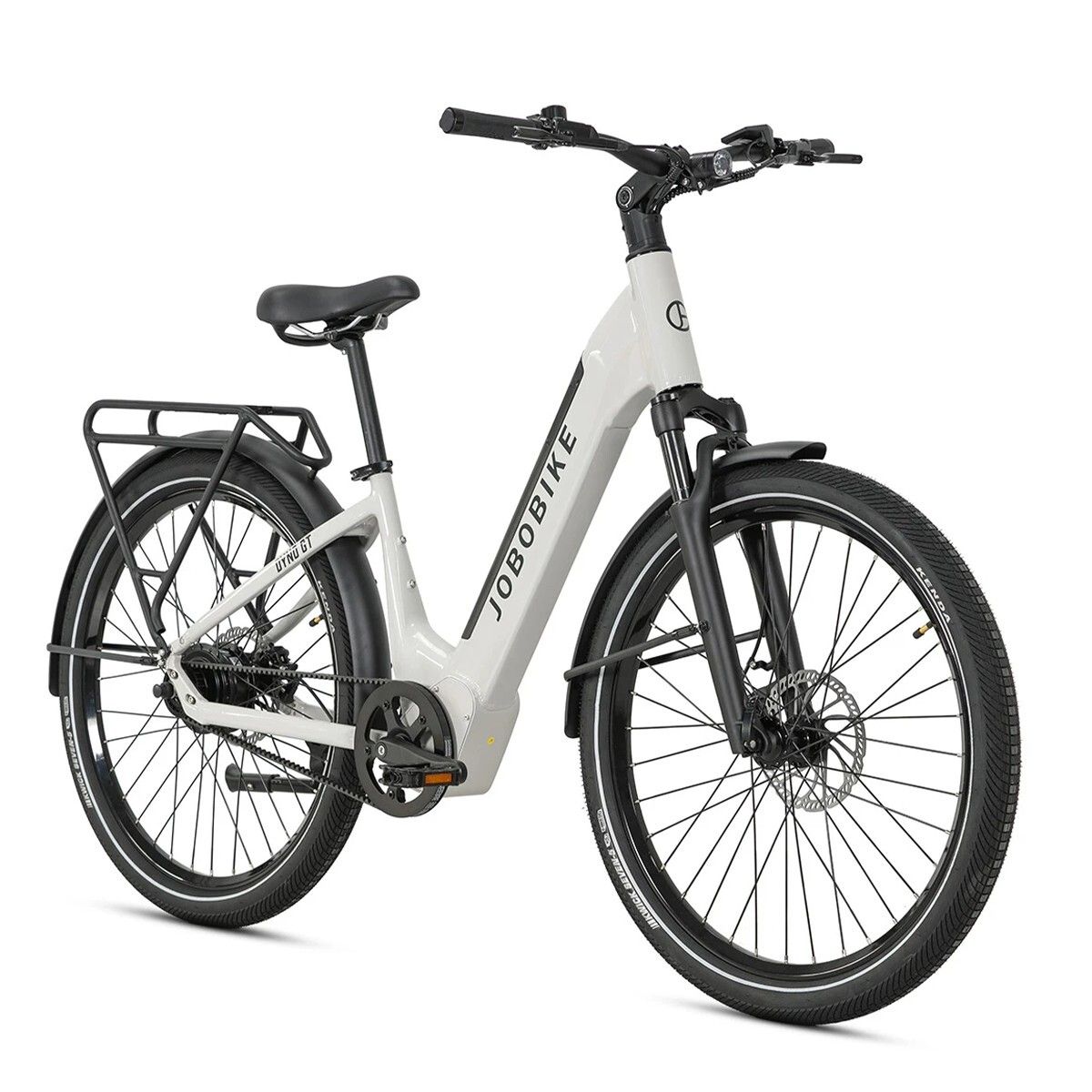 Graues Elektrofahrrad mit schwarzen Reifen. Der Rahmen trägt den Schriftzug JOBOBIKE.