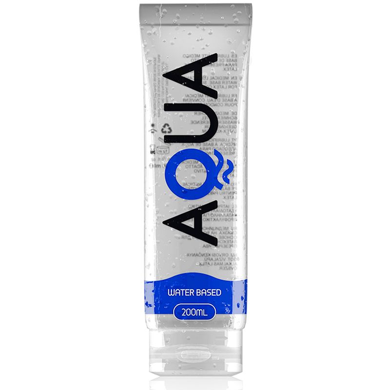 Transparente Tube mit schwarzem AQUA-Schriftzug und blauem Streifen. Enthält 200ml. Wasserbasiert.