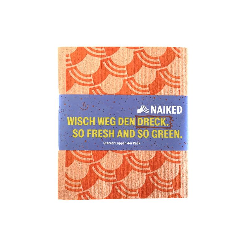 Orangefarbene Wischtücher mit Fischschuppenmuster, umwickelt mit blauem Band. Aufschrift: NAIKED, Wisch weg den Dreck. So fresh and so green.