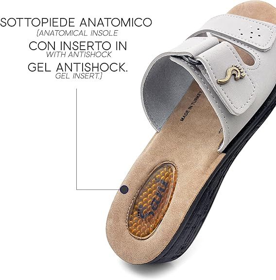 Sandalo grigio con doppia fascia a strappo. Marchio Sanì. Plantare anatomico con inserto in gel. 'MADE IN TURKEY'.