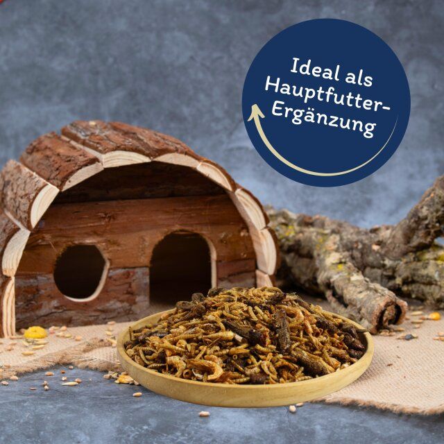 Insekten Mix in einer Holzschale. Im Hintergrund: Holzhaus und Ast. Beschriftung: Ideal als Hauptfutterergänzung.