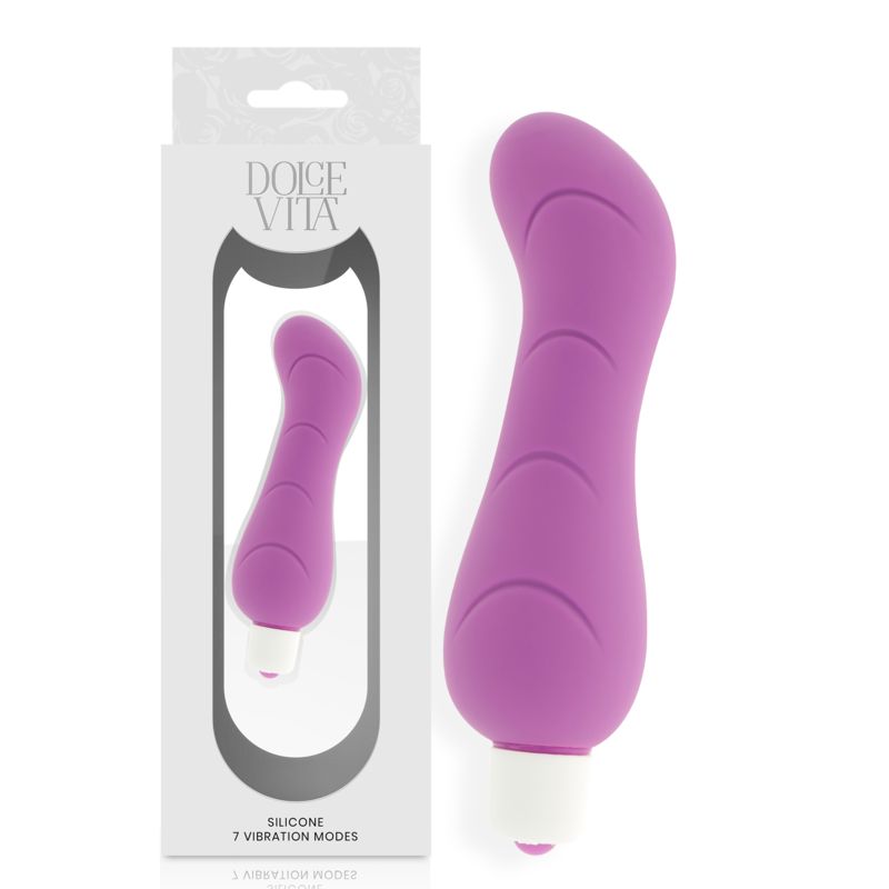 Lila Vibrator aus Silikon mit weißem Kopf. Neben der Verpackung mit Logo und Produktinformationen.