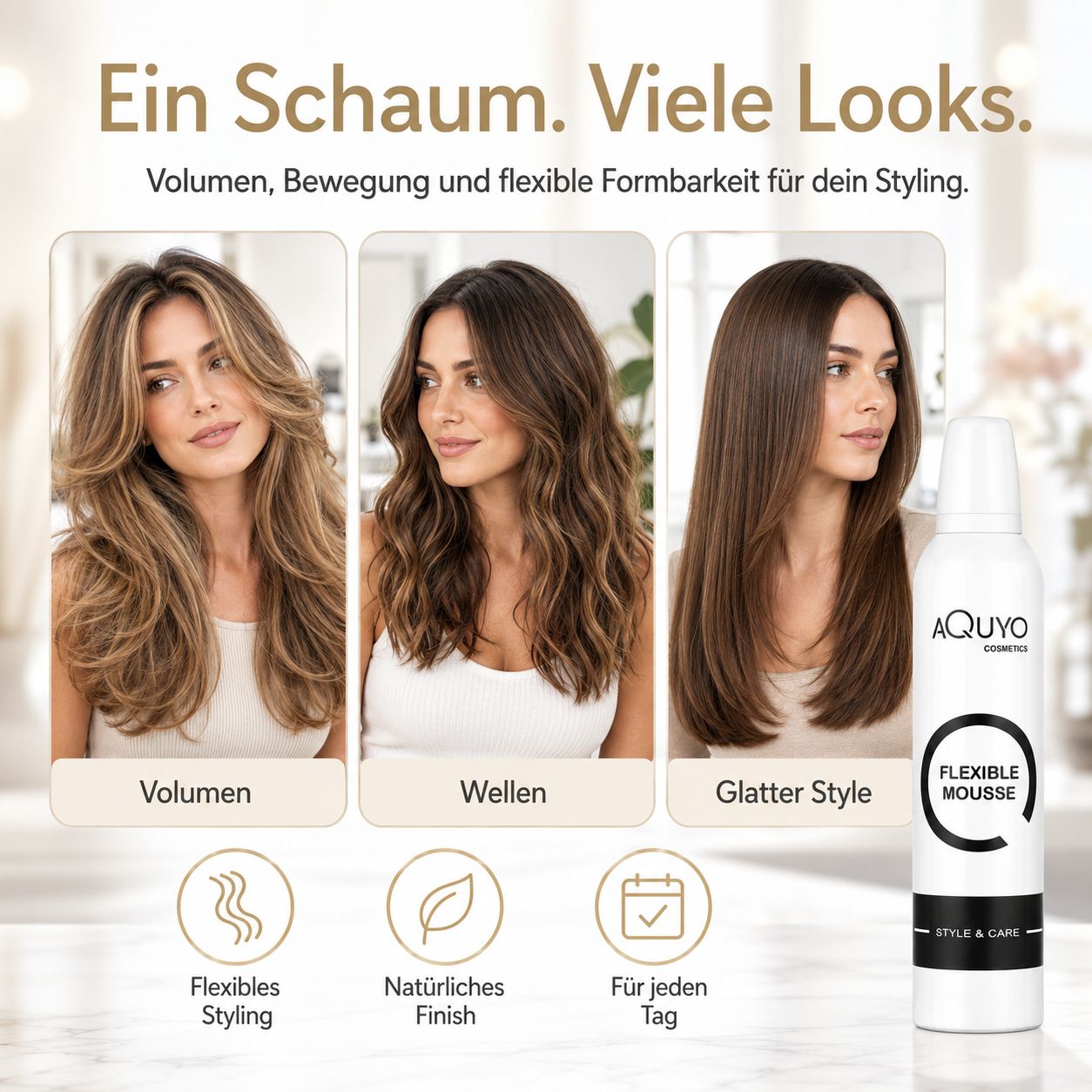 Drei Frisuren: Volumen, Wellen, Glatt. Dose daneben. Icons zeigen "Flexibles Styling", "Natürlicher Finish".