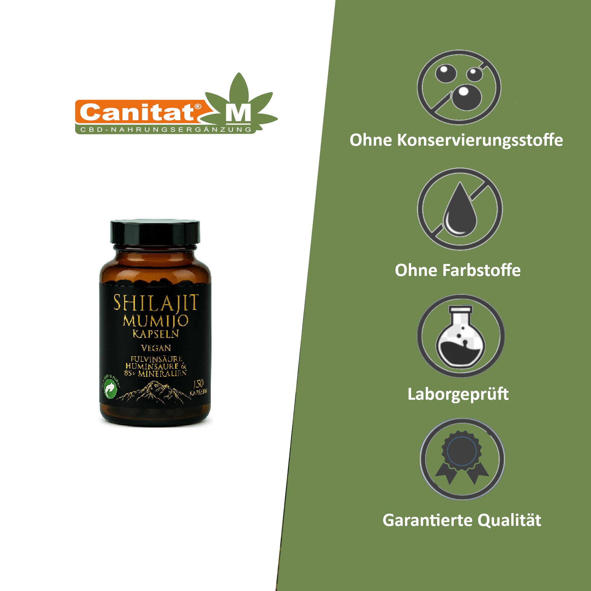 Braune Glasflasche mit Etikett. Aufschrift: Shilajit Mumijo Kapseln, Vegan, 150 Kapseln. Icons: ohne Konservierungsstoffe, Laborgeprüft.