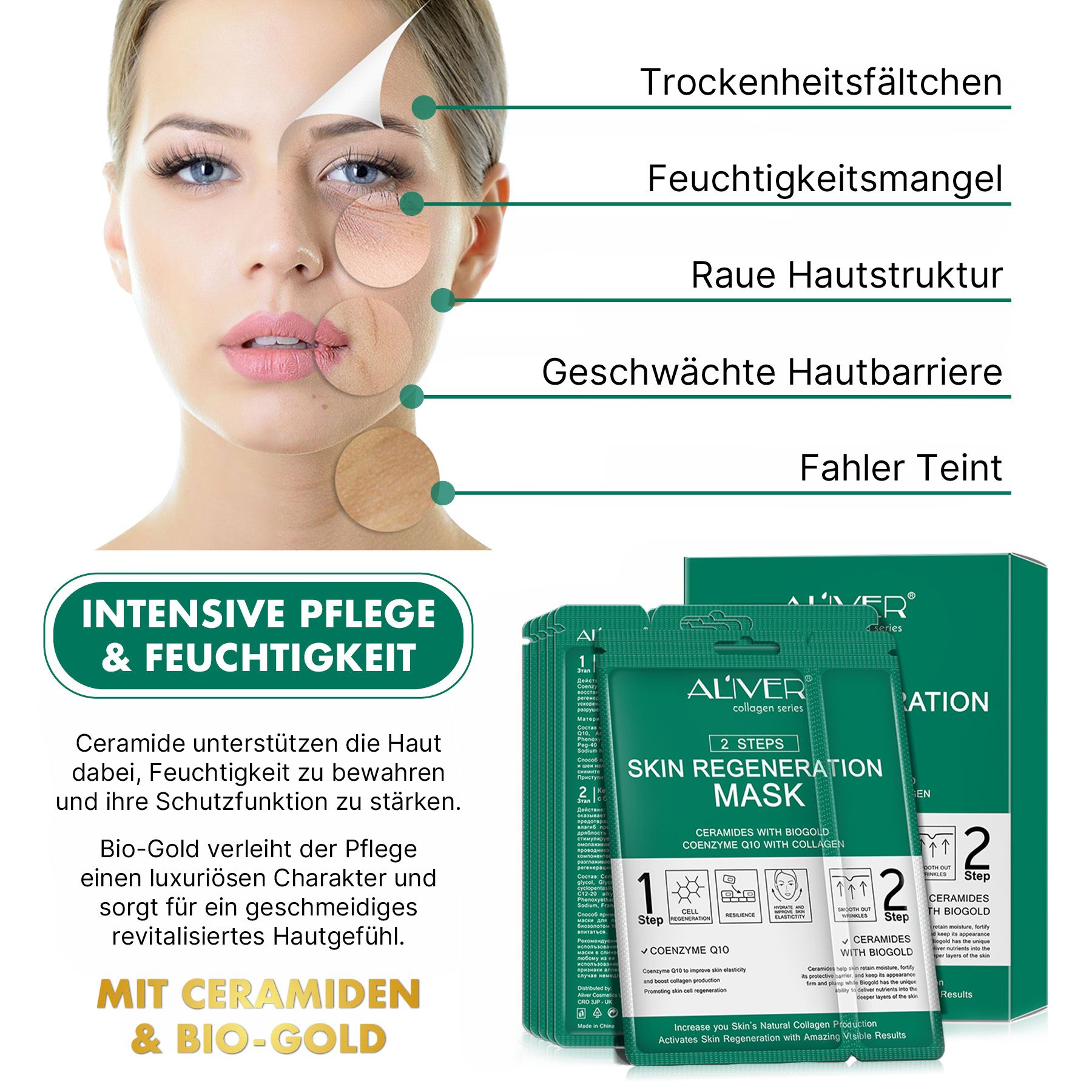 ALIVER Skin Regeneration Maske: Inhaltsstoffe wie Coenzym Q10, Kollagen, Hyaluronsäure und Bio-Gold.